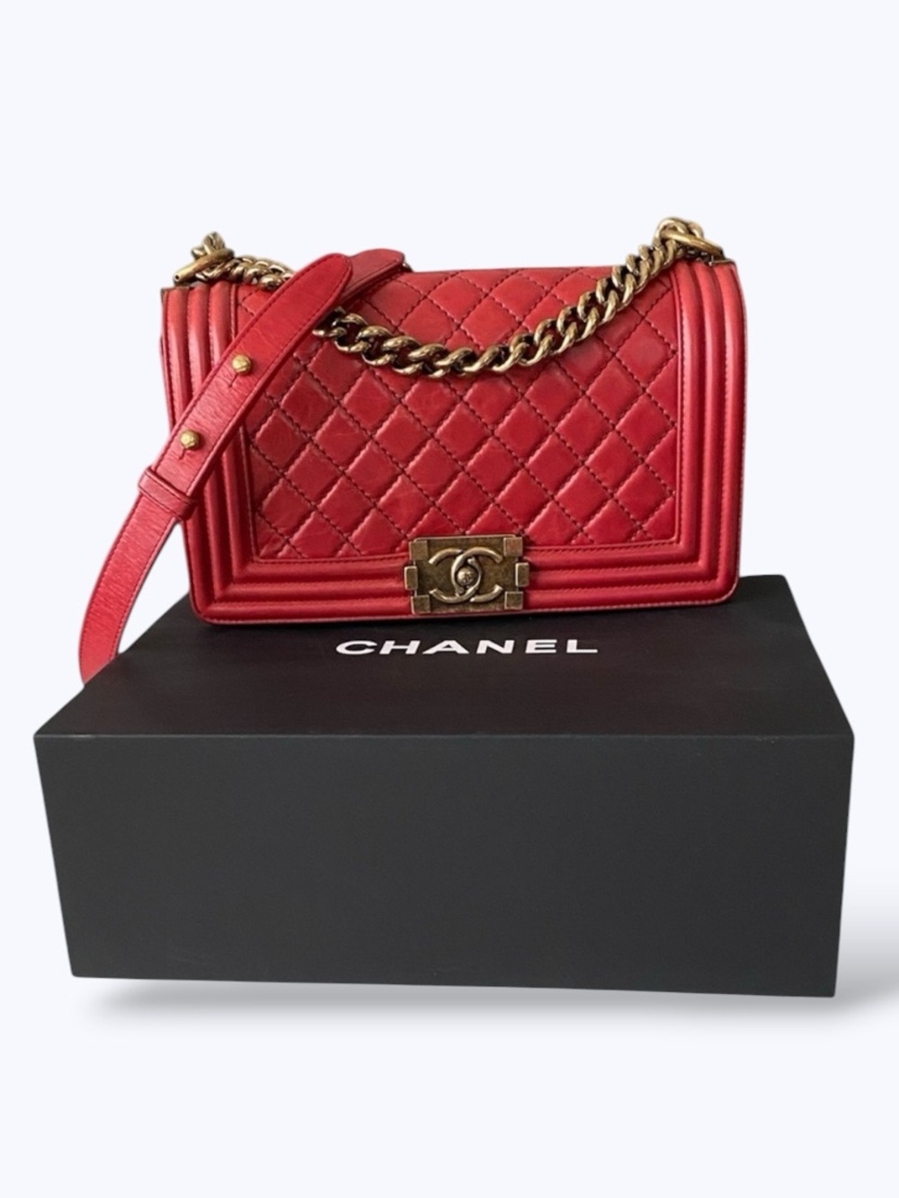 Chanel Boy Red Medium Bag Gold Hardware Comes Full Set: COA, Dust Bag, Box